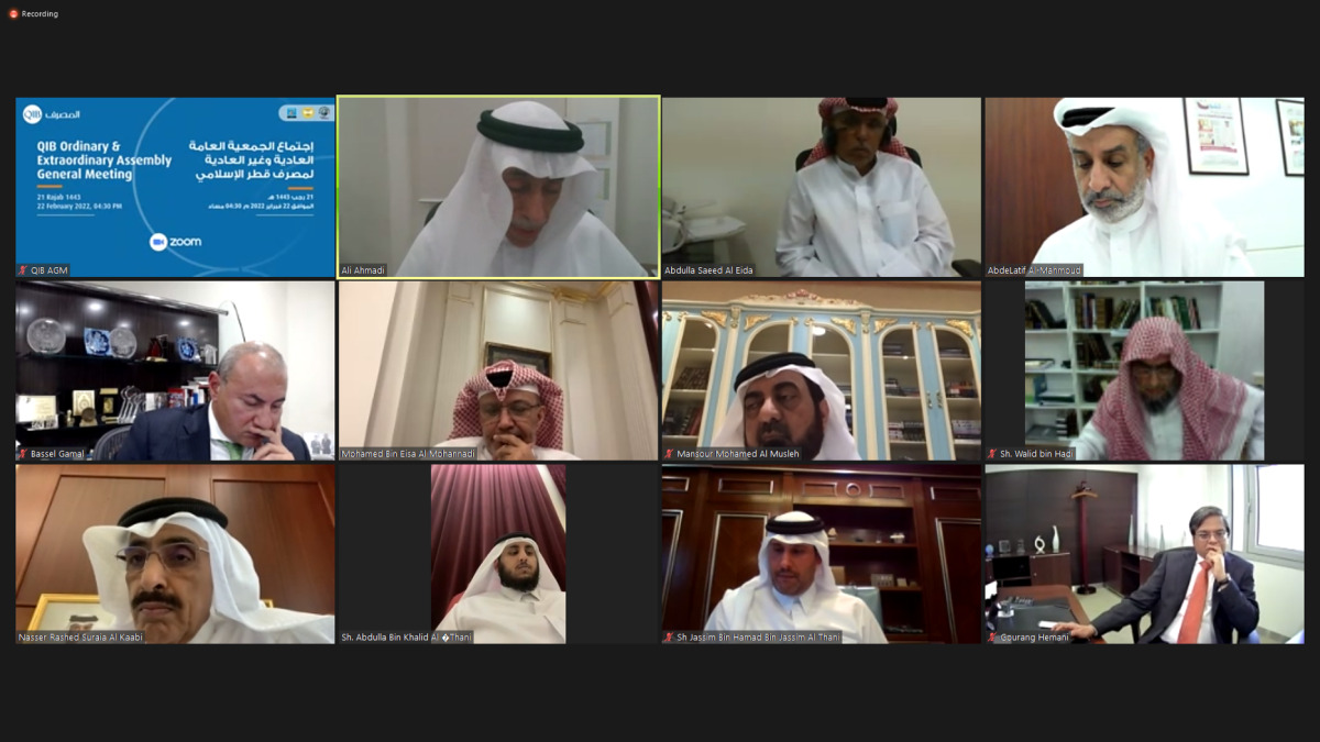 QIB Chairman Sheikh Jassim bin Hamad bin Jassim bin Jaber Al Thani, with the shareholders during the Ordinary & Extraordinary Assembly General Meeting, yesterday. 