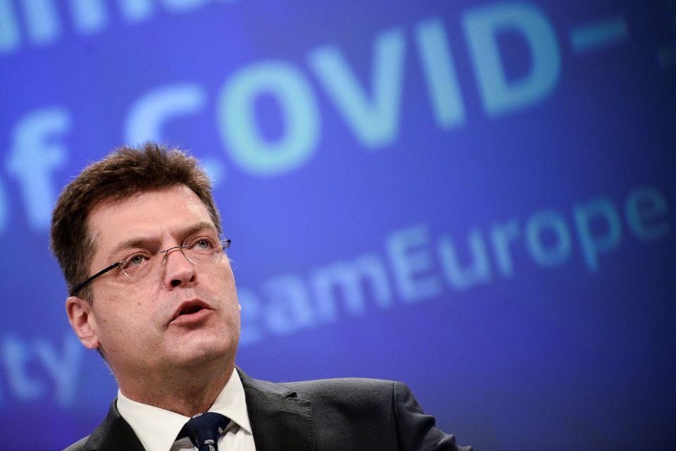 EU Commissioner for Crisis Management Janez Lenarcic holds a news conference in Brussels, Belgium, March 10, 2021. REUTERS/Johanna Geron/Pool

