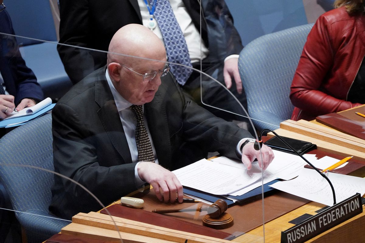 Russia's Ambassador to the United Nations Vassily Nebenzia sits at the U.N. Headquarters as the United Nations Security Council assembles to vote for a rare emergency special session of the 193-member U.N. General Assembly on Russia's invasion of Ukraine, in Manhattan, New York City, U.S. February 27, 2022. REUTERS/David 'Dee' Delgado/File Photo

