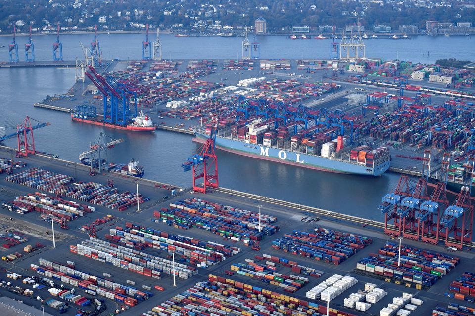 Aerial view of a container terminal in the port of Hamburg, Germany November 14, 2019. REUTERS/Fabian Bimmer

