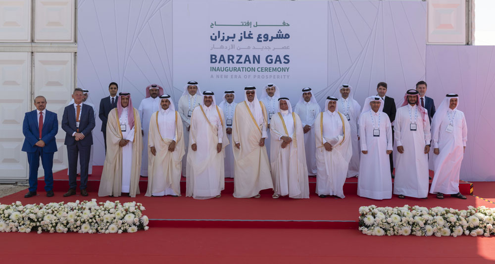 Amir H H Sheikh Tamim bin Hamad Al Thani with Prime Minister and Minister of Interior H E Sheikh Khalid bin Khalifa bin Abdulaziz Al Thani and other dignitaries during the inauguration.
