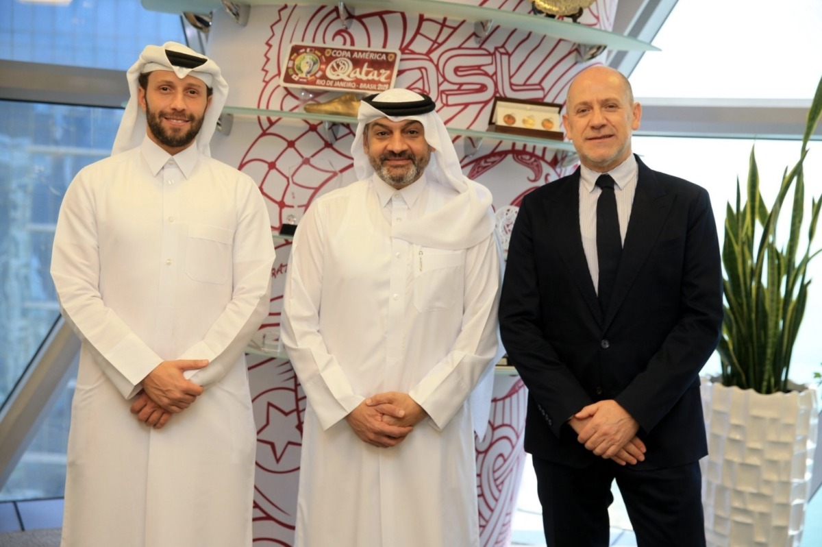 QSL’s newly-appointed Sporting Director Antero Henrique poses for a picture with QSL Chief Executive Officer Hani Taleb Ballan and QSL’s Executive Director of Competitions and Football Development Ahmed Khellil Abbassi.    