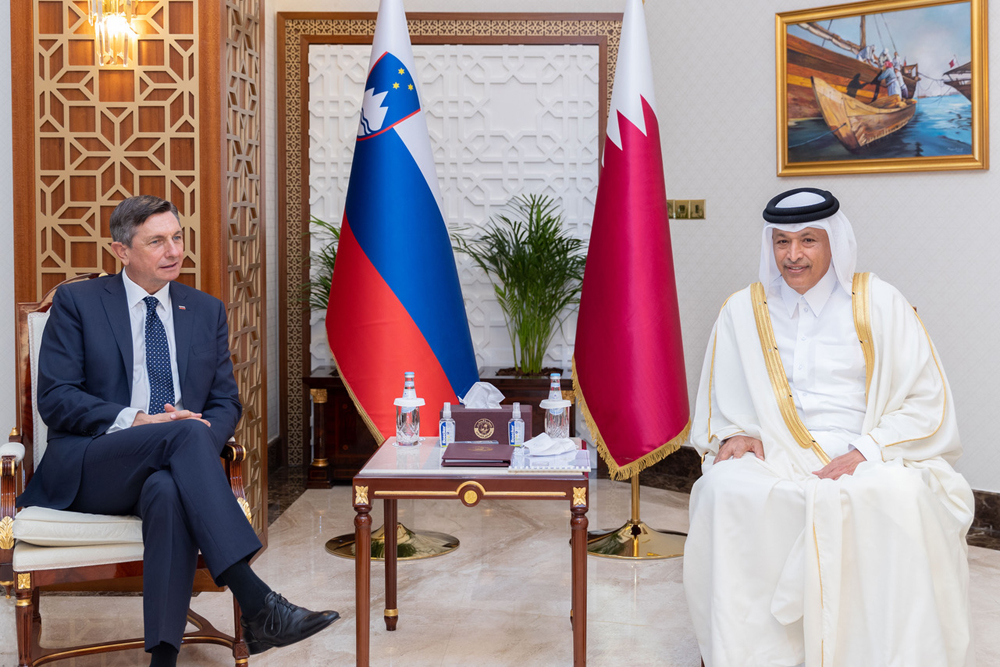 Speaker of the Shura Council H E Hassan bin Abdullah Al Ghanim with Slovenian President H E Borut Pahor during his visit to the Council, yesterday. 