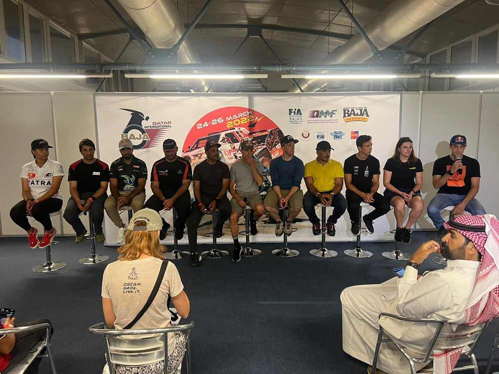Drivers and riders during the Qatar International Baja pre-event press conference at Losail International Circuit, yesterday.
