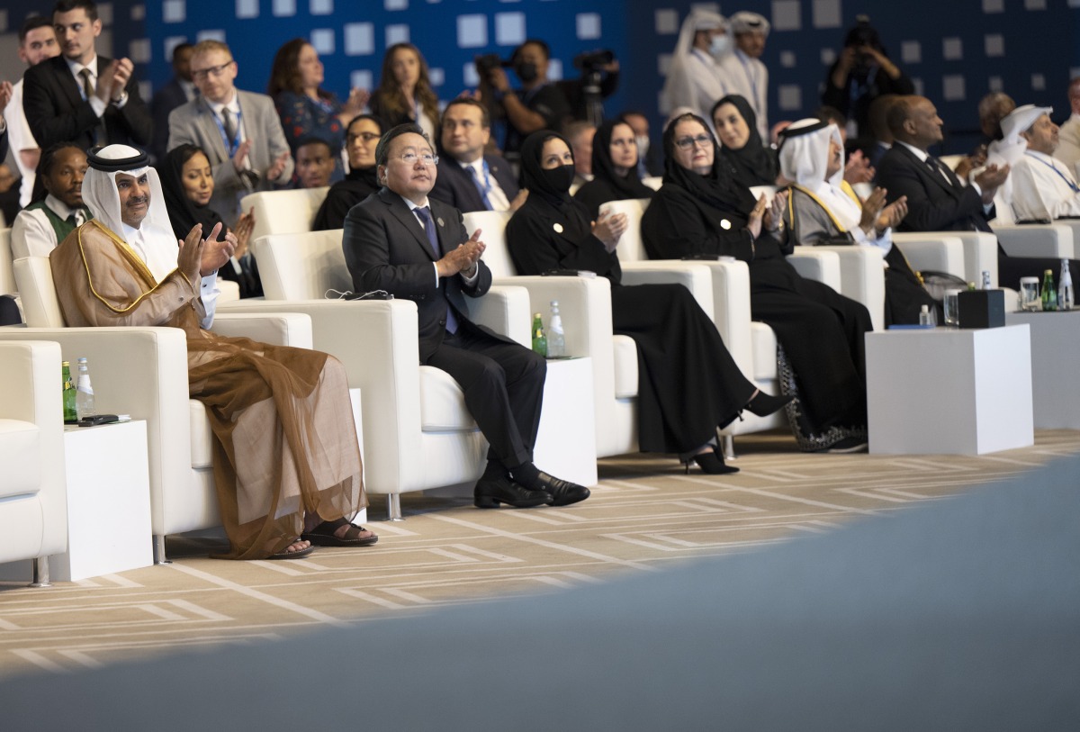 Prime Minister and Minister of Interior H E Sheikh Khalid bin Khalifa bin Abdulaziz Al Thani (first left) attending the closing ceremony of Doha Forum 2022, yesterday. 
