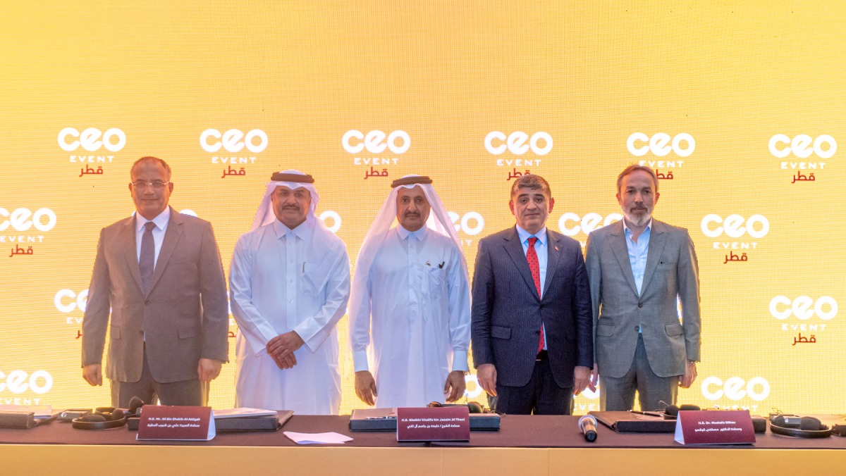Qatar Chamber (QC) Chairman Sheikh Khalifa bin Jassim Al Thani and Ambassador of the Republic of Turkey to Qatar H E Dr. Mustafa Goksu, with officials from CEO Event Qatar company, during the signing ceremony, recently. 