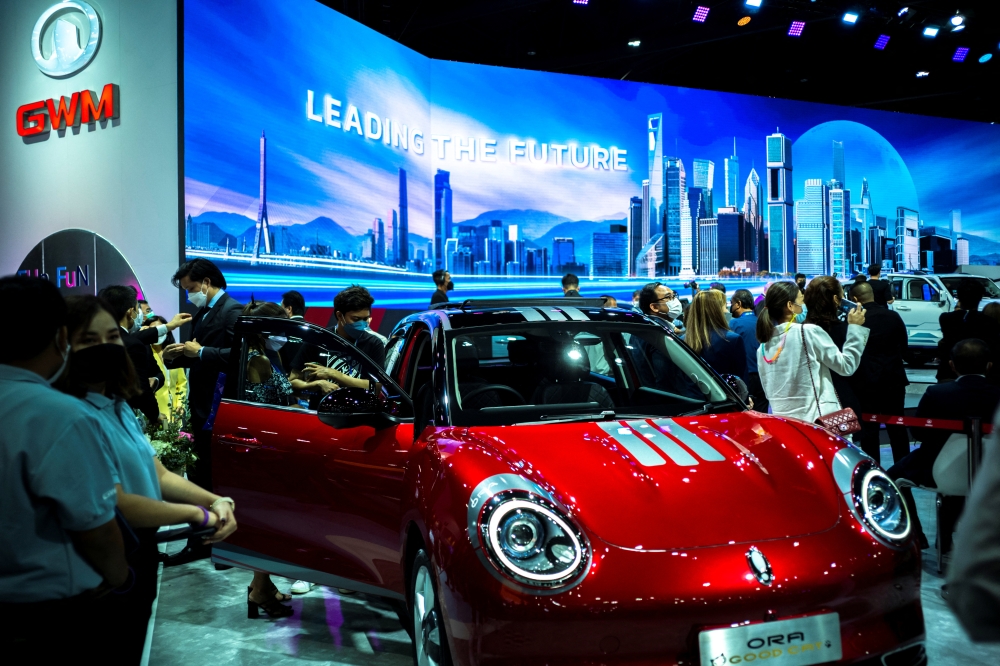 EV car Good Cat by Ora, a brand by Great Wall Motors, is displayed at the Bangkok International Motor Show in Bangkok, Thailand, March 22, 2022. Picture taken March 22, 2022. REUTERS/Athit Perawongmetha