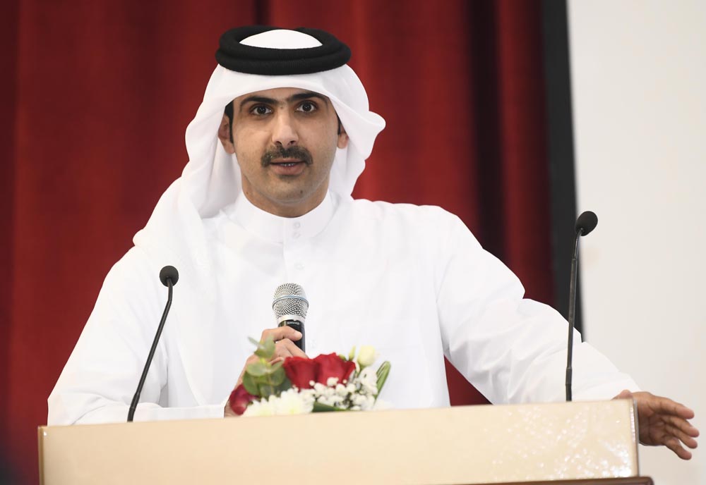 Minister of Culture H E Sheikh Abdulrahman bin Hamad Al Thani speaking during a meeting at Qatar University.