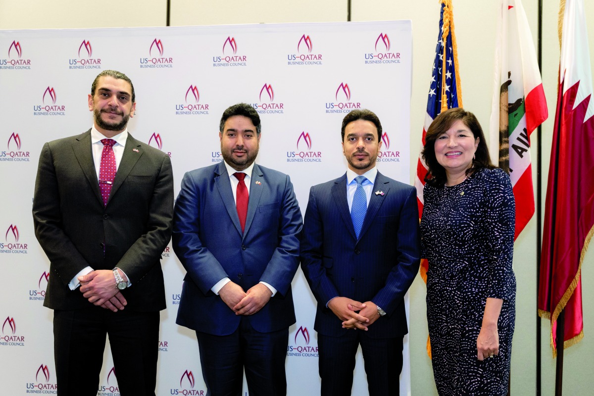 The State of Qatar Commercial Attaché to the United States Fahad Al Dosari, USQBC Managing Director and Treasurer of the Board of Directors Mohammed Barakat; Consul General of State of Qatar in Los Angeles Mansoor Al Sulaitin; and President and CEO, Los Angeles Area Chamber of Commerce Maria S Salinas pose for a group photo.