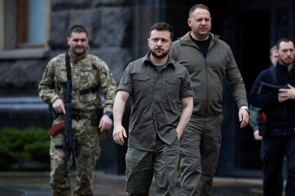 Ukrainian President Volodymyr Zelenskiy arrives for a meeting with Austrian Chancellor Karl Nehammer, as Russia's attack on Ukraine continues, in Kyiv, Ukraine on April 9, 2022. 