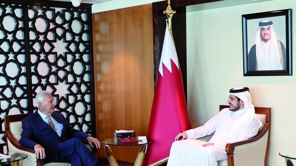 Minister of Commerce and Industry H E Sheikh Mohammed bin Hamad bin Qassim Al Thani with Mayor of Wilmington, Delaware, H E Mike Purzycki who is currently visiting Qatar, yesterday.