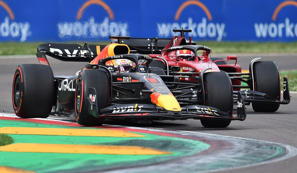 Red Bull's Max Verstappen and Ferrari's Charles Leclerc in action during the sprint race REUTERS/Massimo Pinca
