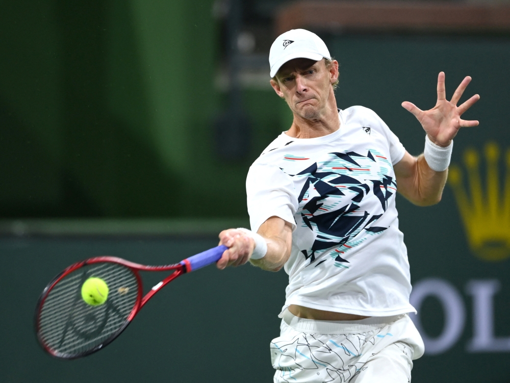 Kevin Anderson (RSA) hits a shot against Gael Monfils (FRA) during a third round match in the BNP Paribas Open at the Indian Wells Tennis Garden. Mandatory Credit: Jayne Kamin-Oncea-USA TODAY Sports/File Photo
 