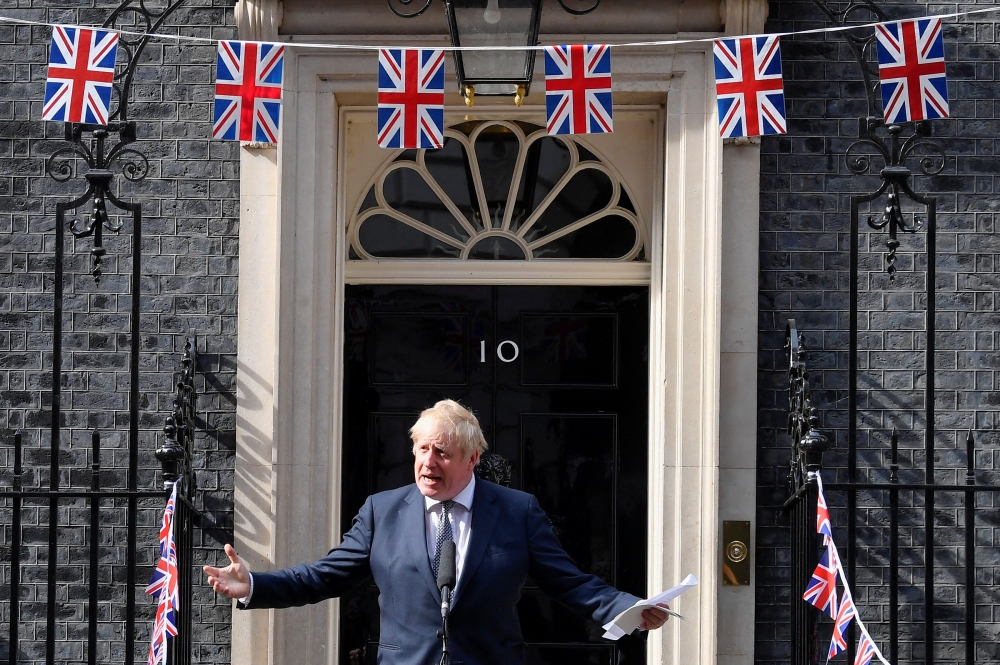 British Prime Minister Boris Johnson speaks during an event to promote British businesses, at Downing Street, London Britain May 9, 2022. Reuters/Toby Melville/Pool
 