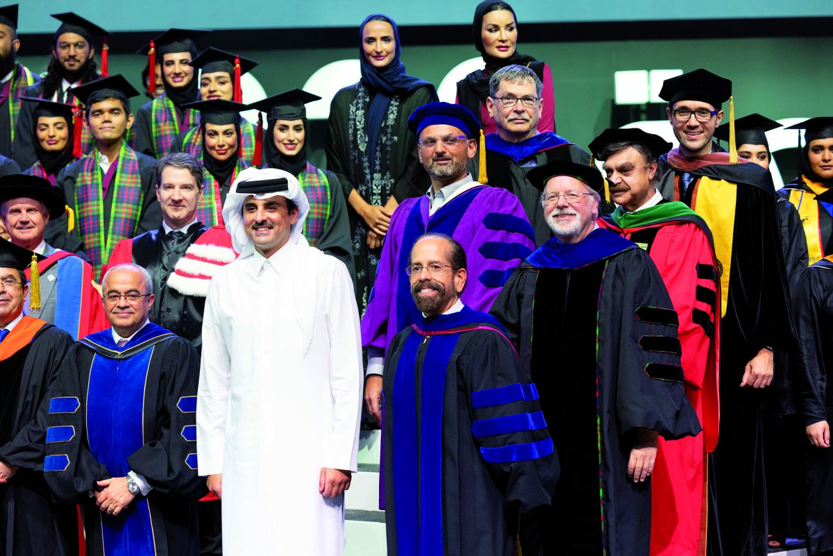 Amir H H Sheikh Tamim bin Hamad Al Thani; Chairperson of Qatar Foundation H H Sheikha Moza bint Nasser; and CEO of Qatar Foundation H E Sheikha Hind bint Hamad Al Thani with faculty and graduates of QF partner universities at the convocation.  