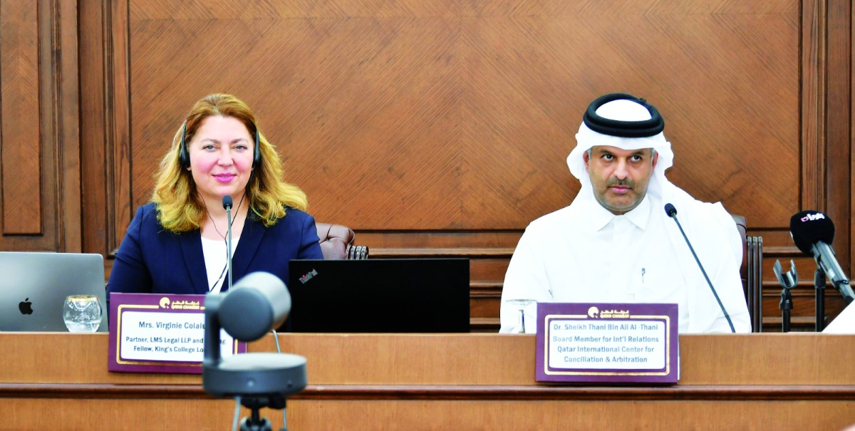 Dr. Sheikh Thani bin Ali Al Thani, QICCA’s Board Member for International Relations with Virginie Colaiuta, Partner at LMS Legal and Visiting Fellow at the King’s College London, during the seminar, recently. 