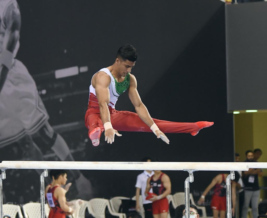 A gymnast in action on the second day of the 9th Senior Asian Artistic Gymnastics Championships at Aspire Dome, yesterday. 