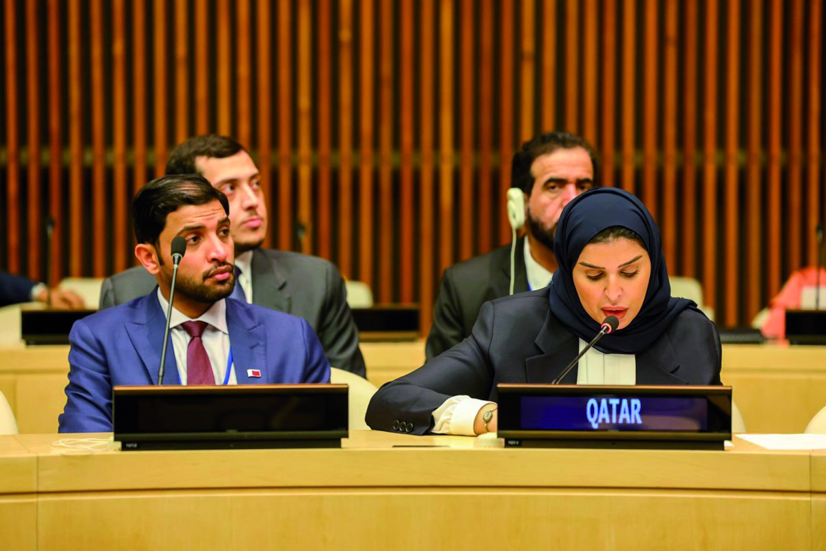 Minister of Social Development and Family H E Mariam bint Ali bin Nasser Al Misnad chairing Qatar’s delegation in the meeting in New York. 
