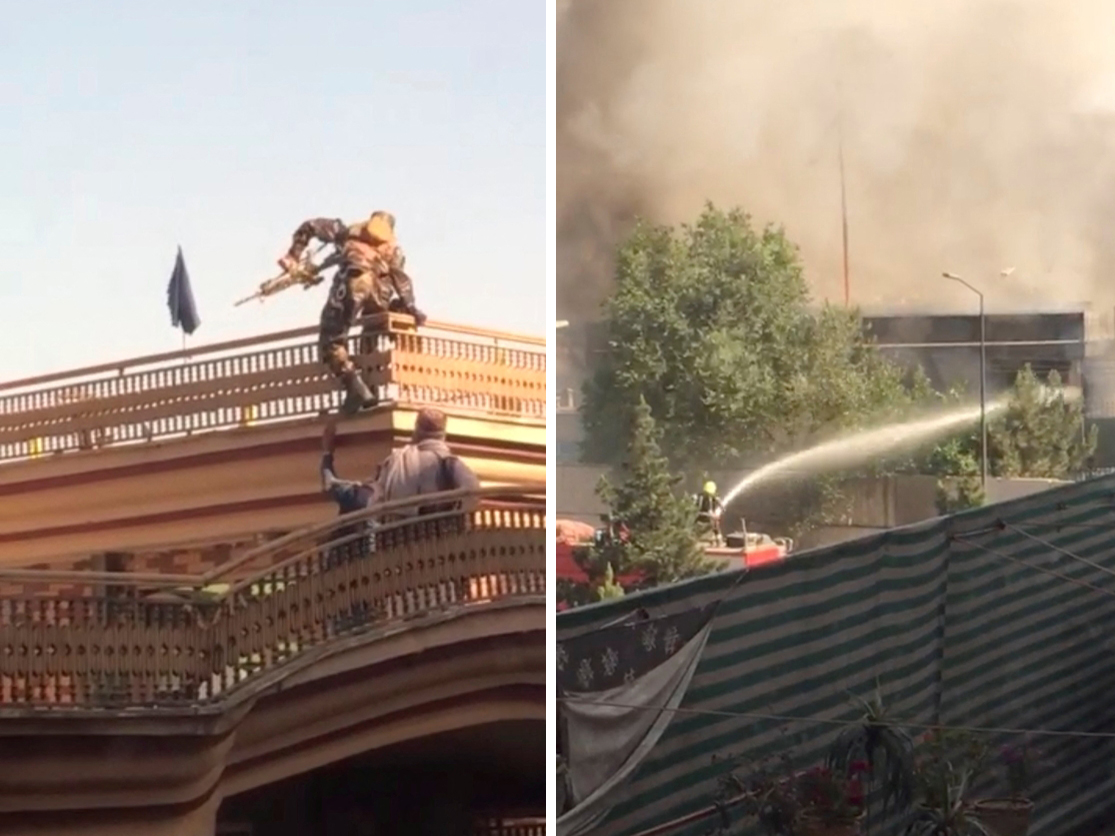 A Taliban Special Forces climbing a nearby building in Kabul, Afghanistan June 18, 2022 (left) and firefighters try to hose down a fire at a building in Kabul, Afghanistan. Both the images obtained by Reuters from a social media video via Reuters.