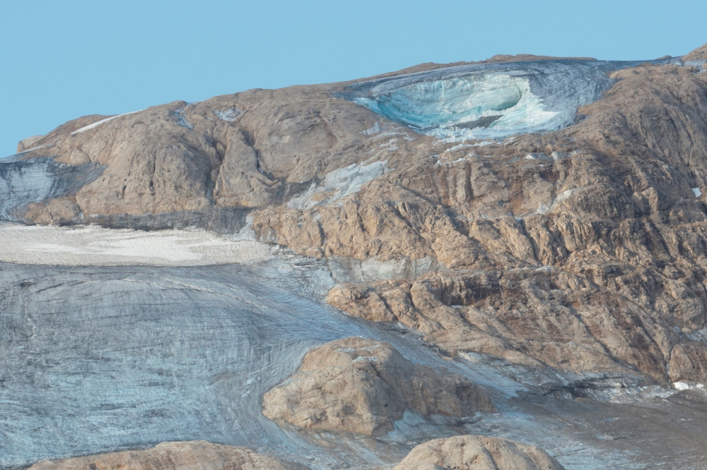 Punta Rocca summit is seen after parts of the Marmolada glacier collapsed in the Italian Alps amid record temperatures, killing at least six people and injuring several, at Marmolada ridge, Italy, July 4, 2022. REUTERS/Borut Zivulovic