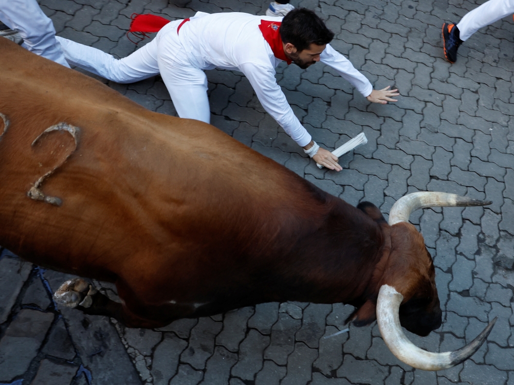 A reveller falls next to a bull during the running of the bulls at the San Fermin festival in Pamplona, Spain, July 11, 2022. (Reuters/Vincent West)