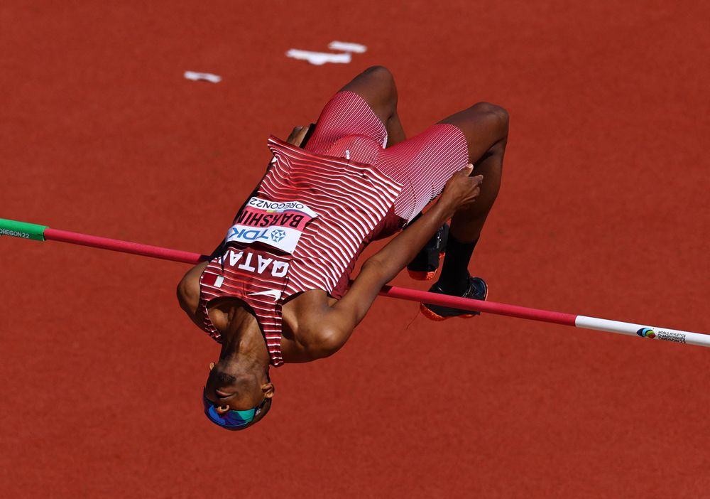 Qatar’s Mutaz Barshim in action during the men’s high jumps qualification round on the opening day of the World Athletics Championships, at Hayward Field in Eugene, Oregon, US, yesterday.