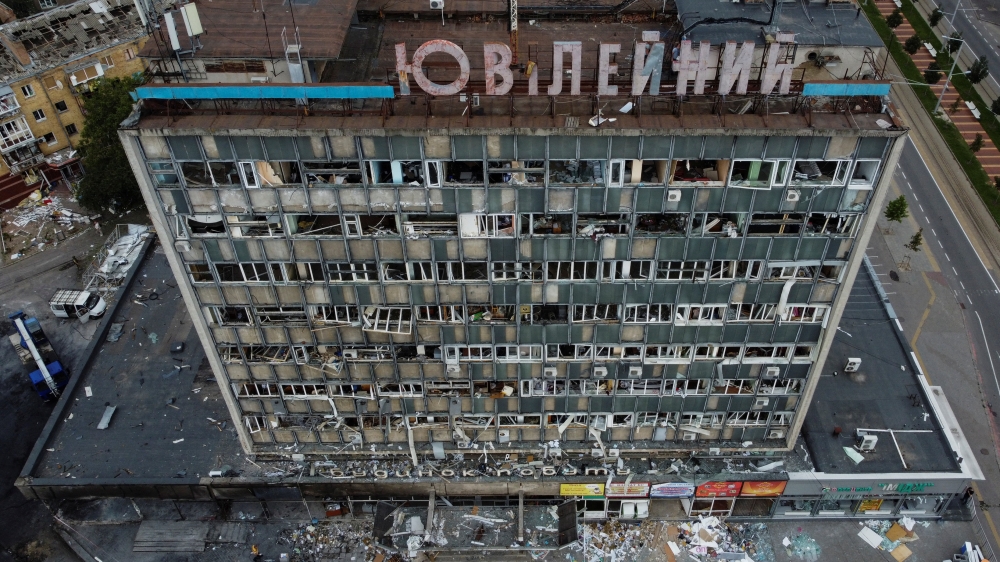 A view shows a building of a civil infrastructure damaged by a Russian missile strike, as Russia's attack on Ukraine continues, in Vinnytsia, Ukraine July 15, 2022. REUTERS/Stringer