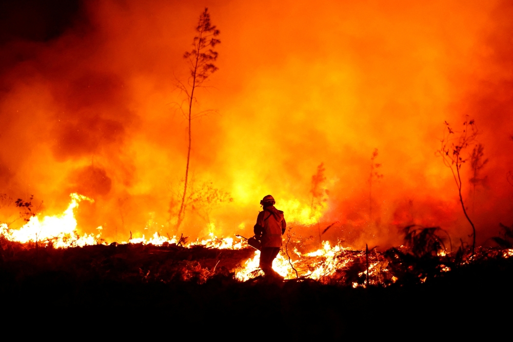A firefighter creates a tactical fire in Louchats, as wildfires continue to spread in the Gironde region of southwestern France, July 17, 2022. REUTERS/Sarah Meyssonnier TPX IMAGES OF THE DAY