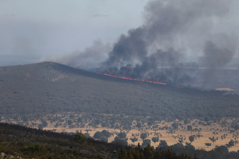 A view shows a wildfire burning from the Valmediano eolic park, on the second heatwave of the year, in Spain, July 19, 2022. REUTERS/Isabel Infantes/File Photo