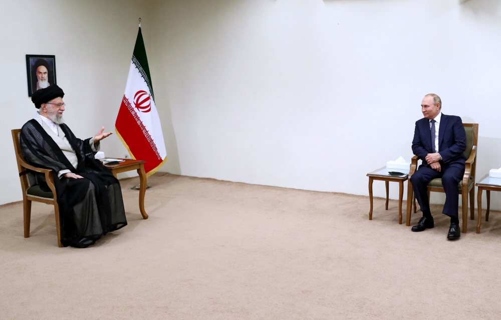 Iran's Supreme Leader Ayatollah Ali Khamenei meets with Russian President Vladimir Putin in Tehran, Iran, July 19, 2022. (West Asia News Agency via REUTERS)