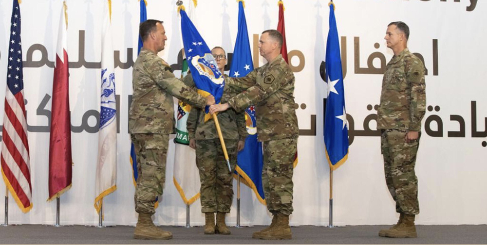 Officers during the handover ceremony of the US Air Forces Central Command to Lieutenant-General Alexus G Grynkewich, at Al Udeid Air Base.