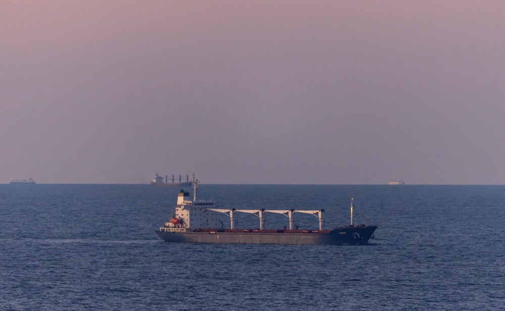 The Sierra Leone-flagged cargo ship Razoni, carrying Ukrainian grain, is seen in the Black Sea off Kilyos, near Istanbul, Turkey, on August 2, 2022. (REUTERS/Umit Bektas)