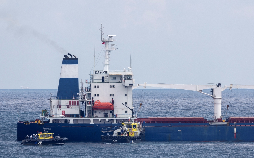 A view of the Sierra Leone-flagged cargo ship Razoni, carrying Ukrainian grain, during an inspection by Joint Coordination Centre officials in the Black Sea off Kilyos, near Istanbul, Turkey August 3, 2022. Reuters/Umit Bektas