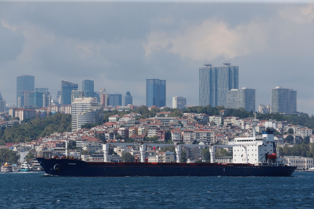 The Sierra Leone-flagged cargo ship Razoni, carrying Ukrainian grain, sails in the Bosphorus en route to Lebanon, in Istanbul, Turkey August 3, 2022. (REUTERS/Dilara Senkaya)