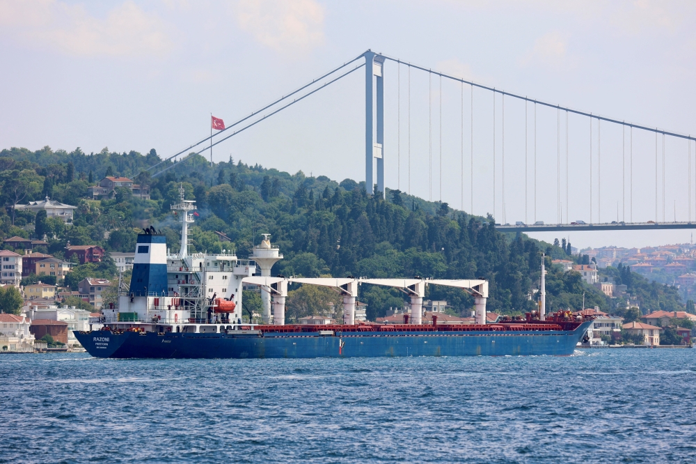 The Sierra Leone-flagged cargo ship Razoni, carrying Ukrainian grain, sails in the Bosphorus en route to Lebanon, in Istanbul, Turkey, August 3, 2022. (REUTERS/Yoruk Isik)