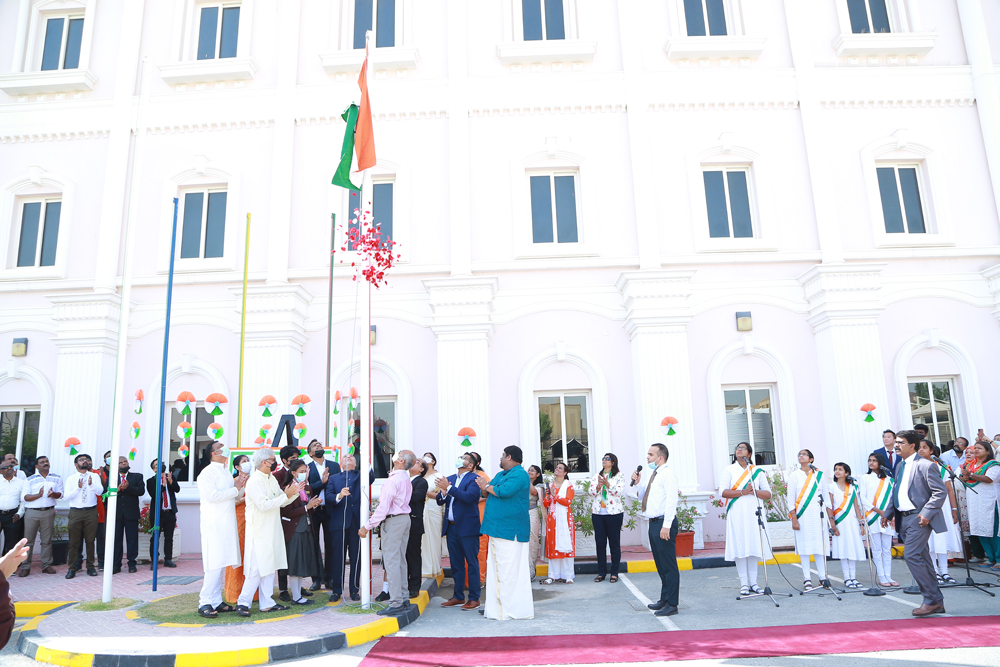 Flag hoisting at the start of the Indian Independence Day celebration.