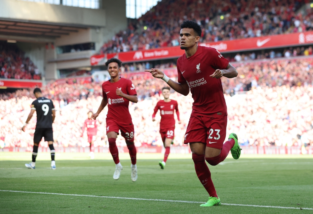 Liverpool's Luis Diaz celebrates scoring their ninth goal REUTERS/Phil Noble 