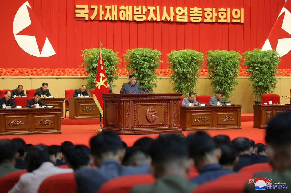 North Korea's leader Kim Jong Un speaks during a meeting to review the state's disaster prevention work in Pyongyang in this undated photo released by North Korea's Korean Central News Agency (KCNA) on September 6, 2022.  KCNA via REUTERS 