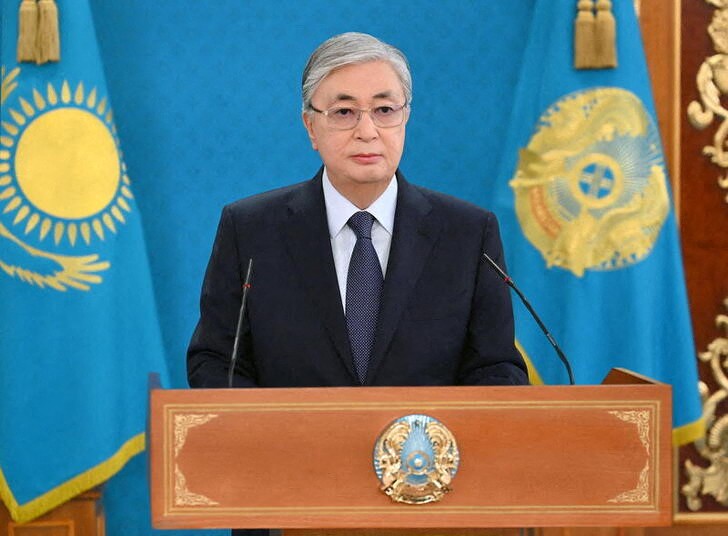 Kazakh President Kassym-Jomart Tokayev speaks during a televised address to the nation following the protests triggered by fuel price increase in Nur-Sultan, Kazakhstan on January 7, 2022. Official website of the President of Kazakhstan/Handout via REUTERS