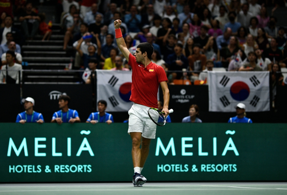 Spain's Carlos Alcaraz reacts during his Davis Cup Group B match against Republic of Korea's Kwon Soon-woo at the Pavello Municipal Font de Sant Lluis, Valencia, Spain, on September 18, 2022.  REUTERS/Pablo Morano