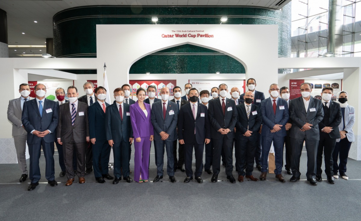 Representatives of the Diplomatic Corps and guests at the opening ceremony of the Qatar World Cup Pavilion at Coex lobby in southern Seoul on Monday. (Korea-Arab Society)