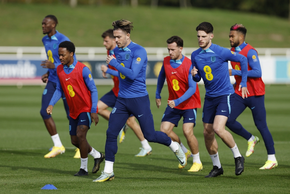 England players during training, ahead of their UEFA Nations League matches, at St. George's Park in Burton upon Trent, Britain, on September 22, 2022.  Action Images via Reuters/Jason Cairnduff