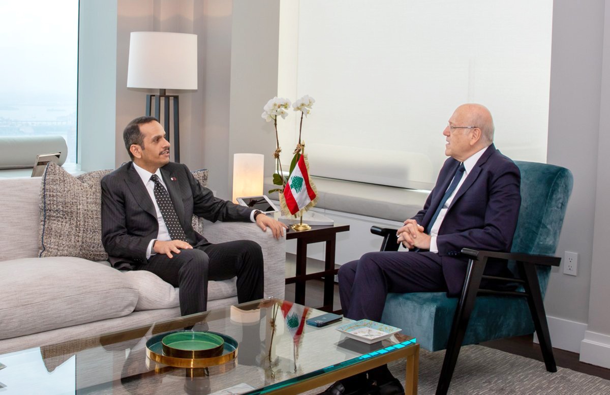 Deputy Prime Minister and Minister of Foreign Affairs H E Sheikh Mohammed bin Abdulrahman Al Thani during his meeting with Prime Minister of the Lebanese Republic H E Najib Mikati, in New York.