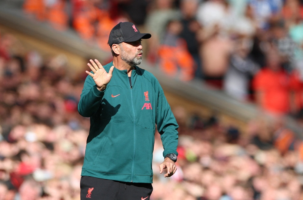  Liverpool manager Juergen Klopp reacts during their EPL match against Brighton & Hove Albion  at the Anfield in Liverpool on October 1, 2022.   REUTERS/Phil Noble