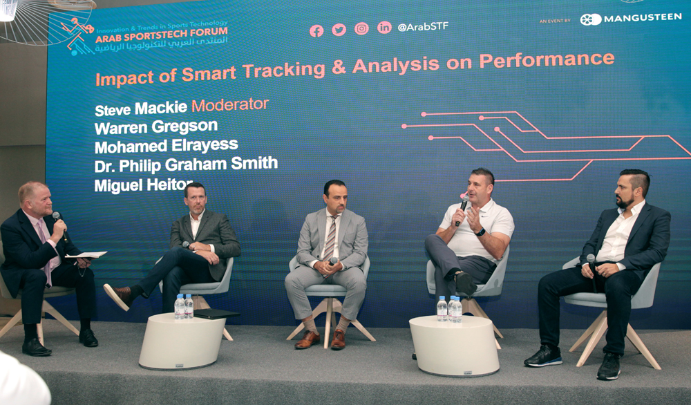 From left: Steve Mackie (moderator), Warren Gregson, Mohamed Elrayess, Dr Philip Graham Smith and Migue Heitor, attending a panel discussion on Impact of Smart Tracking and Analysis Performance at the Arab SportTech Forum at the Sports Accelerator, Aspire Zone.  Pic: Salim Matramkot/The Peninsula