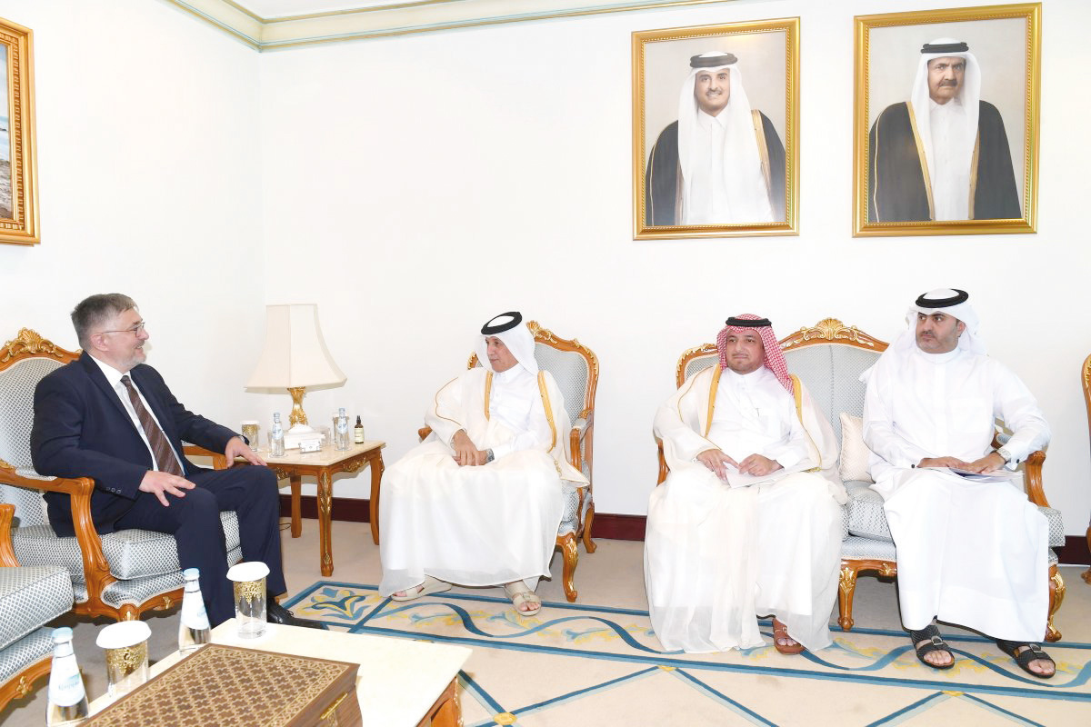 Minister of State for Foreign Affairs H E Sultan bin Saad Al Muraikhi (second left) with the Ambassador of the Republic of Moldova to the State of Qatar H E Iulian Grigorita.