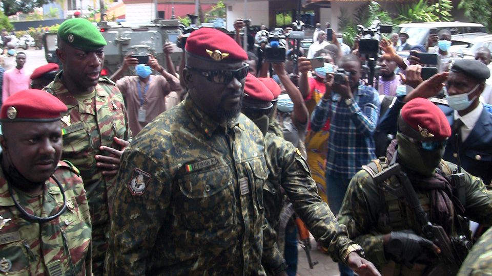 Special forces commander Mamady Doumbouya, who ousted President Alpha Conde, walks out after meeting the envoys from the Economic Community of West African States (ECOWAS) to discuss ways to steer Guinea back toward a constitutional regime, in Conakry, Guinea, on September 10, 2021. File Photo / Reuters