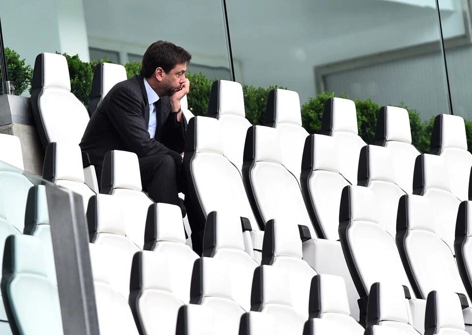 Juventus president Andrea Agnelli sat in the stands before the Serie A match against Genoa at the Allianz Stadium, Turin, Italy, on April 11, 2021.   File Photo / Reuters
