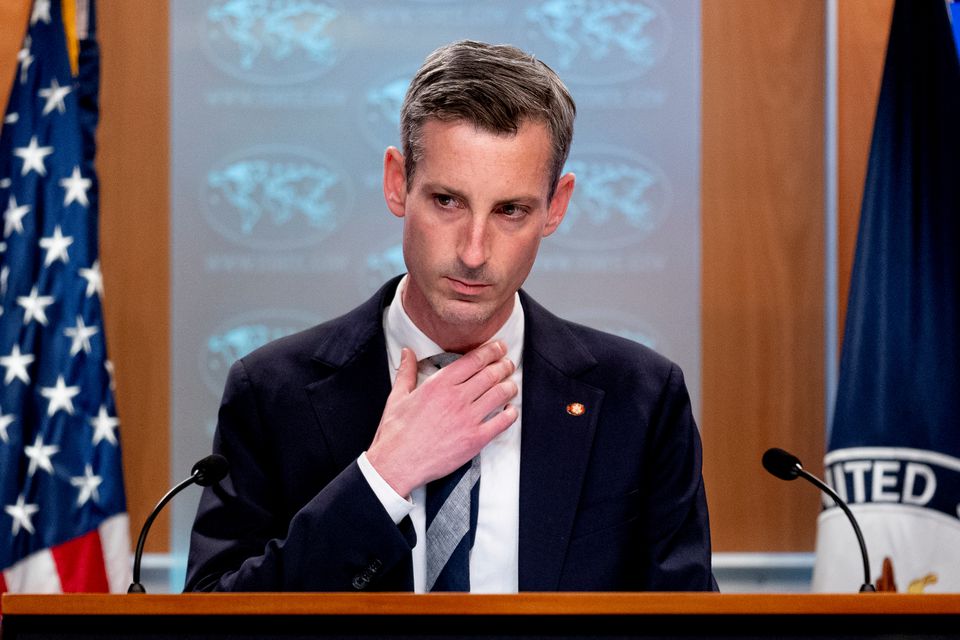 US State Department spokesperson Ned Price gestures at a news conference at the State Department in Washington on February 28, 2022. File Photo / Reuters