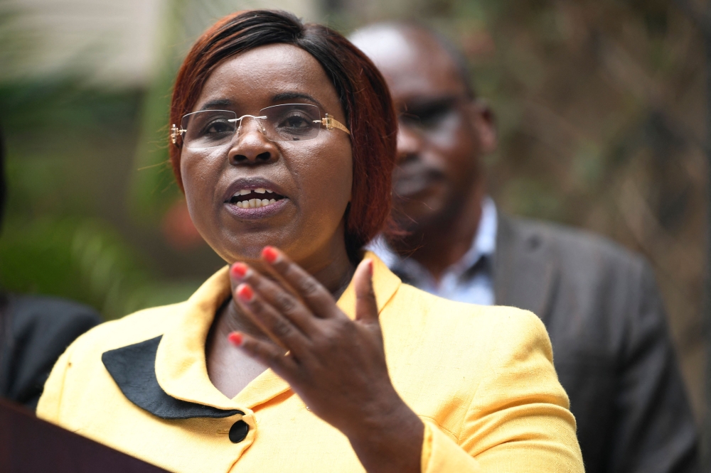 Peninah Malonza, Cabinet Secretary for the Ministry of Tourism, speaks to the media in Nairobi, on November 4, 2022, during the release of the report on impact of current drought on wildlife in Kenya. (Photo by Simon MAINA / AFP)